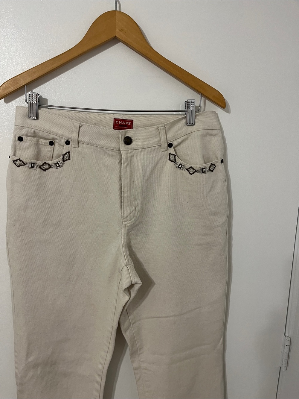 Chaps Cram/Ivory Denim Jeans with Beaded Front  pockets .